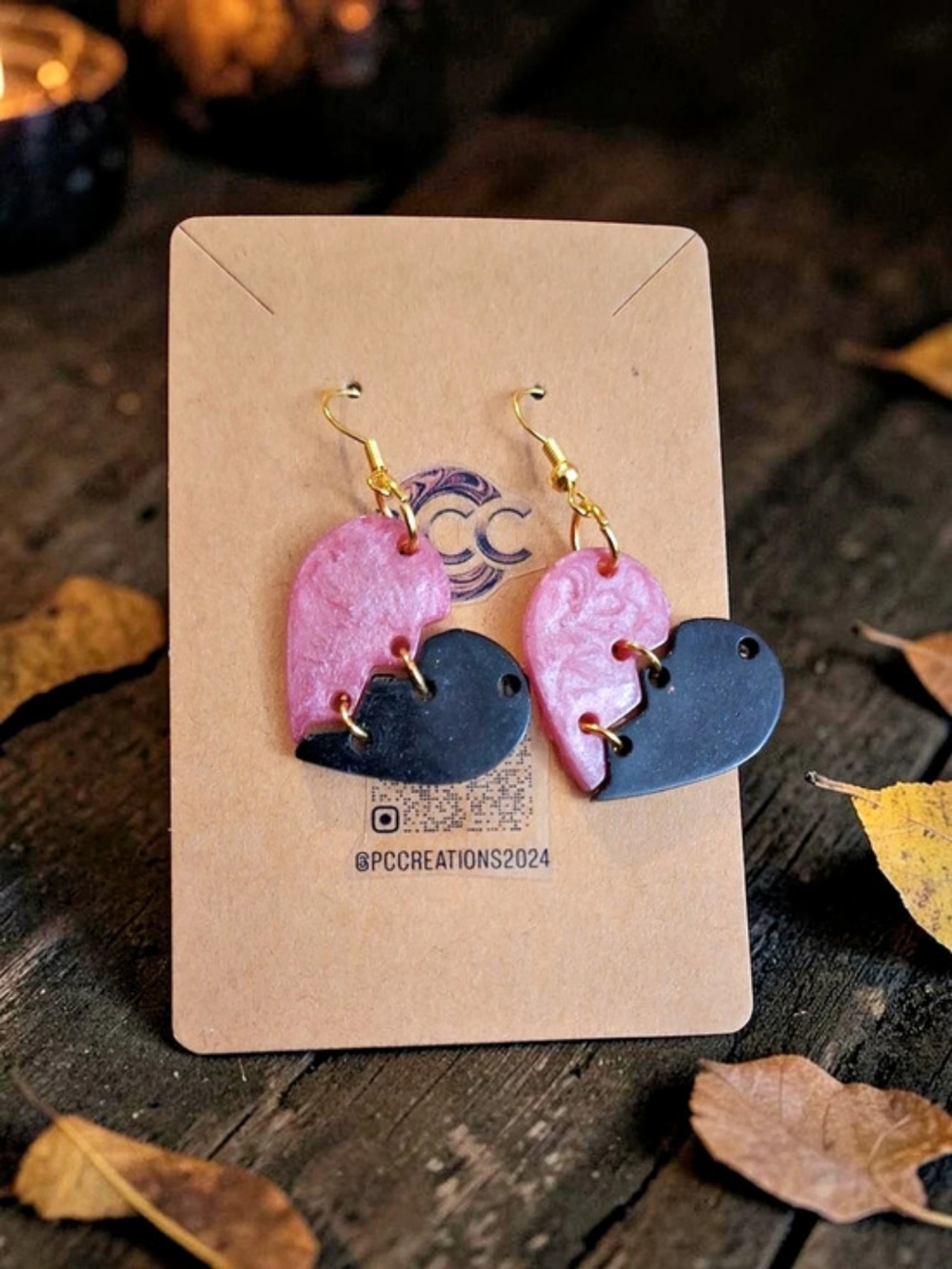 Handmade Pink & Black Stitched Broken Heart Resin Dangle Earrings